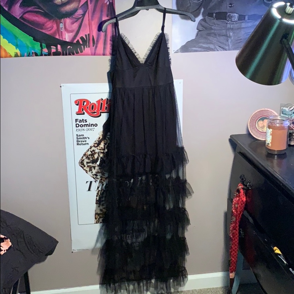 REHAB frilly maxi dress with sheer bottom
